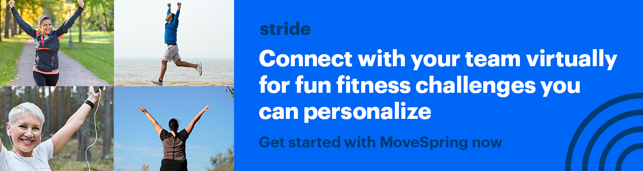 A split banner, on the left features four people in a square design with their arms raised. To the right, MoveSpring image text that says "Connect with your team virtually for fun fitness challenges you can personalize."